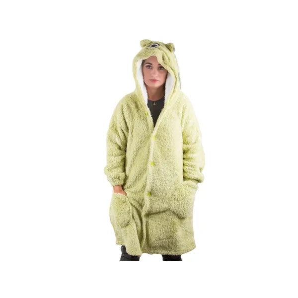 Zöld oversize XL kapucnis takaró pulóver, bolyhos, gombos, 100% pamut
