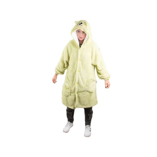 Zöld oversize XL kapucnis takaró pulóver, bolyhos, gombos, 100% pamut