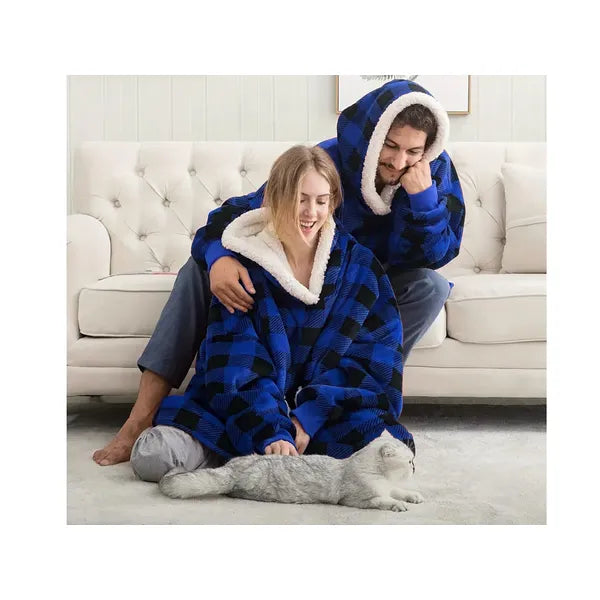 Meleg oversize kapucnis takaró-pulóver XXL, kék kockás, unisex