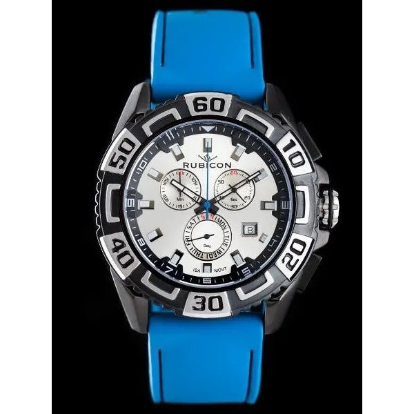 Férfi kronográf karóra, kék szilikon szíj, 48 mm, WR50