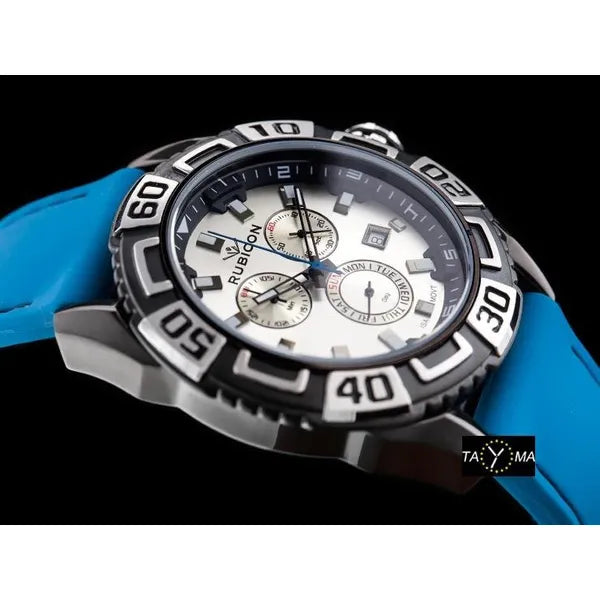 Férfi kronográf karóra, kék szilikon szíj, 48 mm, WR50