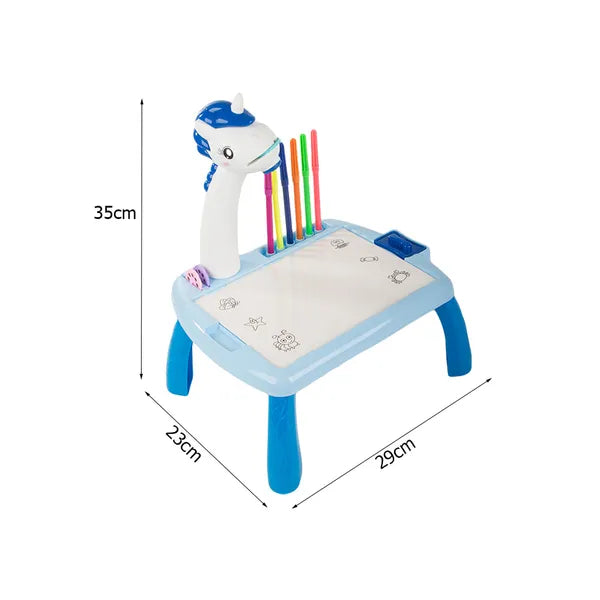 Kék gyerek rajzasztal vetítővel, 24 minta, 12 filctollal