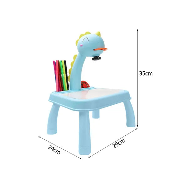 Dinoszaurusz gyerek rajzasztal vetítővel, LED fénnyel, 3 dia, 12 filc