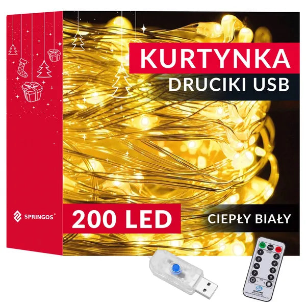 LED fényfüggöny 2×2 m, 200 meleg fehér LED, USB táp, távirányító