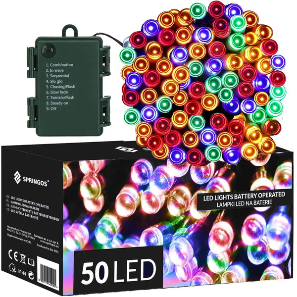 50 LED-es színes fényfüzér, elemes, IP44, 5 m, időzítő