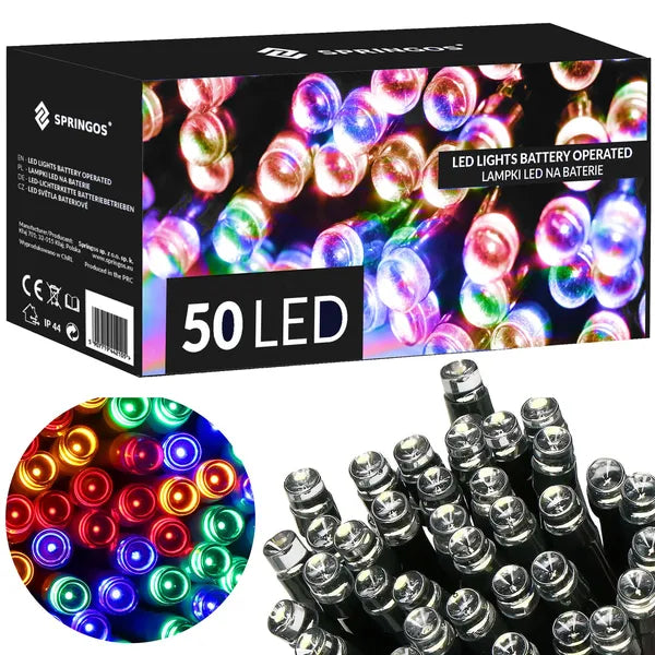 50 LED-es színes fényfüzér, elemes, IP44, 5 m, időzítő