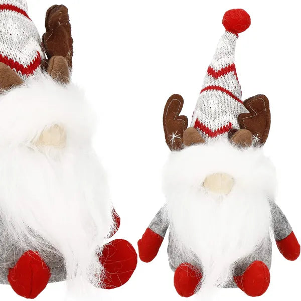 Karácsonyi dísz szürke-piros gnóm agancsos, 27 cm