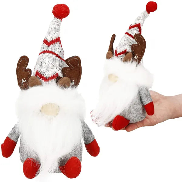 Karácsonyi dísz szürke-piros gnóm agancsos, 27 cm