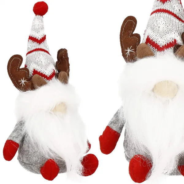 Karácsonyi dísz szürke-piros gnóm agancsos, 27 cm