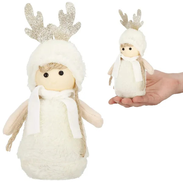 Karácsonyi textil manó dekoráció, krém, arany agancs, 20 cm