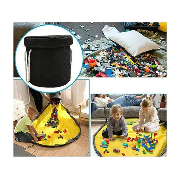 Fekete vízálló játéktároló kosár 32×28 cm, 140 cm lecsatolható játékszőnyeggel