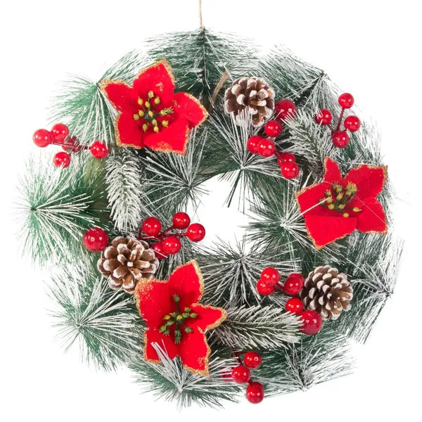 Karácsonyi díszkoszorú fenyőágakkal, tobozokkal, 20 cm, beltéri/kültéri