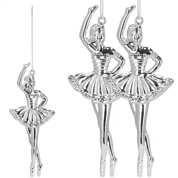 Ezüst balerina karácsonyfadísz, műanyag, 14 cm, 2 db