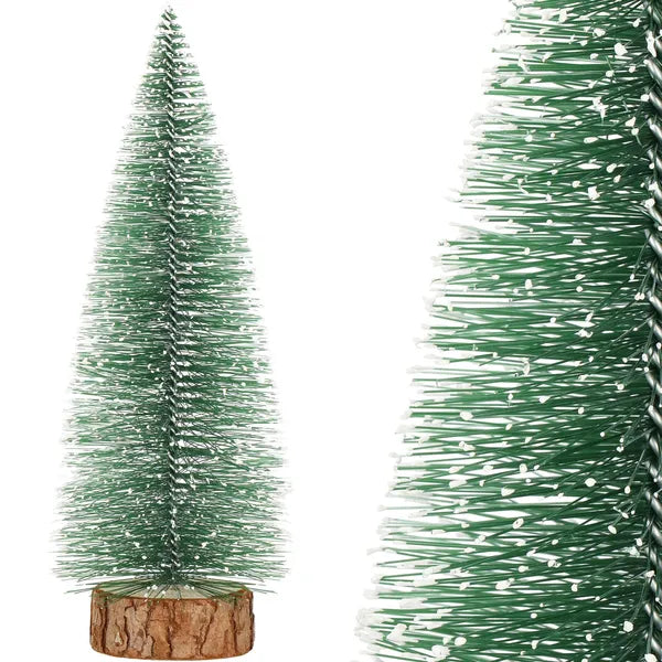 Mini műfenyő dekoráció fahasáb talppal, 15 cm, hóhatás