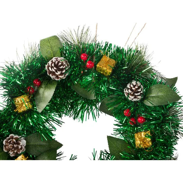 Karácsonyi díszkoszorú, 30 cm, tobozokkal és gömbökkel, ajtóra/ablakra