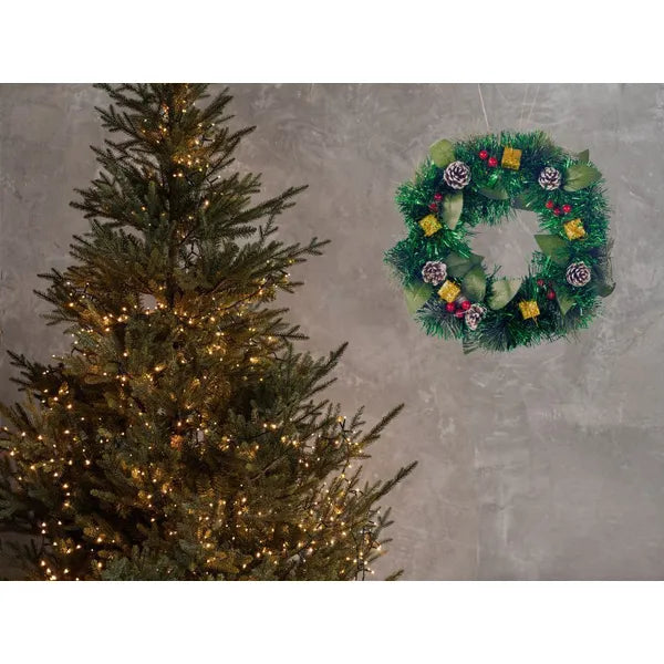 Karácsonyi díszkoszorú, 30 cm, tobozokkal és gömbökkel, ajtóra/ablakra