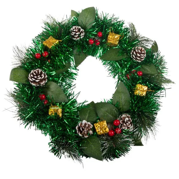 Karácsonyi díszkoszorú, 30 cm, tobozokkal és gömbökkel, ajtóra/ablakra