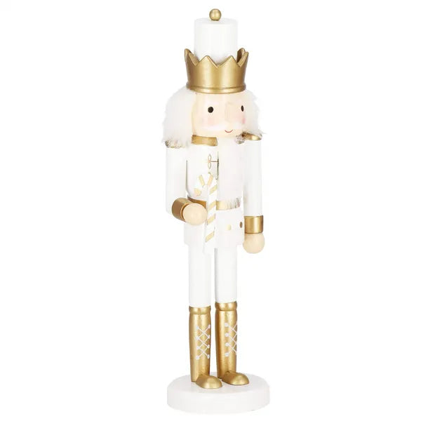Fa karácsonyi diótörő figura, fehér–arany, 30 cm