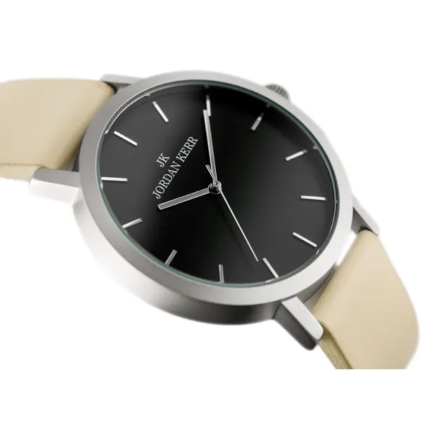 Jordan Kerr férfi karóra, beige bőrszíjjal, fekete számlappal, WR30, Miyota