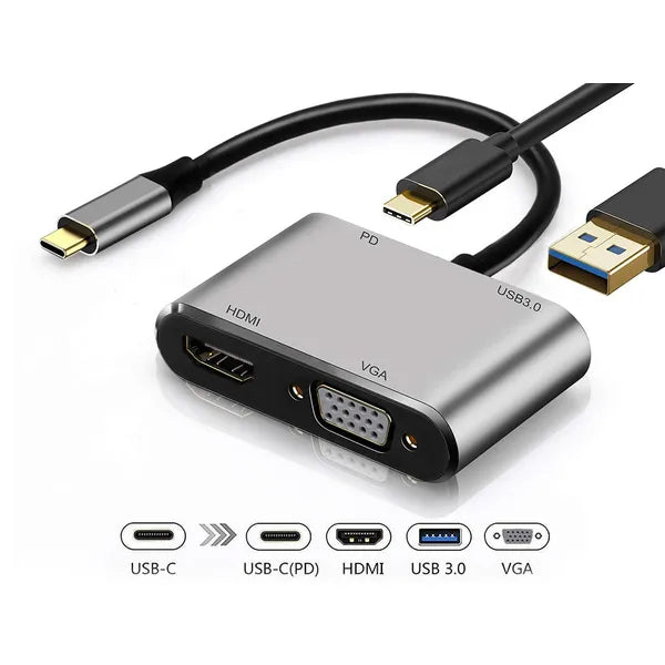 USB-C – HDMI 4K/VGA/USB 3.0 hub, 87 W PD töltő adapter