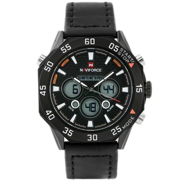 NAVIFORCE Lancer férfi dual time karóra, fekete bőr szíj, 48 mm