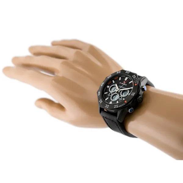 NAVIFORCE Lancer férfi dual time karóra, fekete bőr szíj, 48 mm