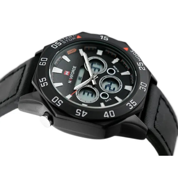NAVIFORCE Lancer férfi dual time karóra, fekete bőr szíj, 48 mm