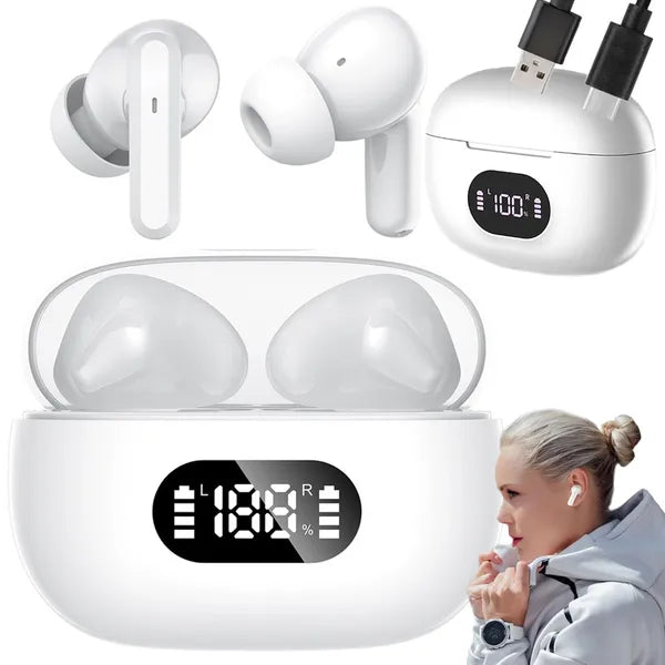 Bluetooth TWS fülhallgató LED kijelzős töltőtokkal, mikrofonnal, 20h – fehér