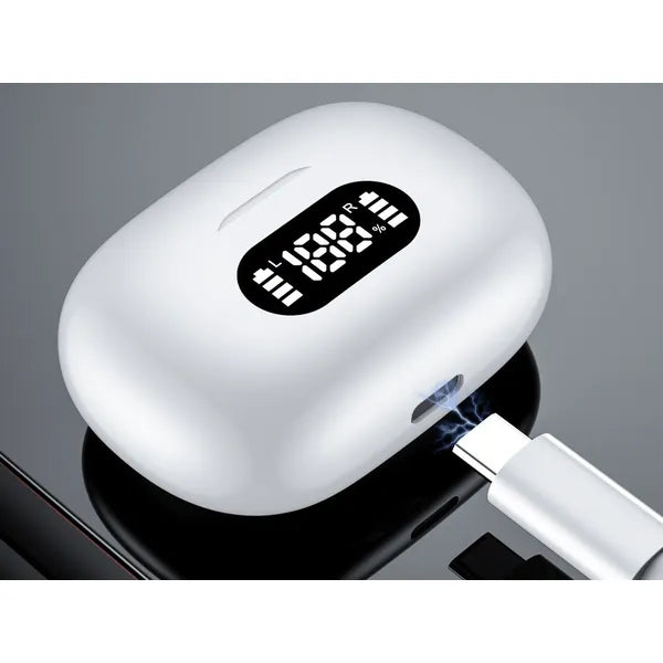 Bluetooth TWS fülhallgató LED kijelzős töltőtokkal, mikrofonnal, 20h – fehér