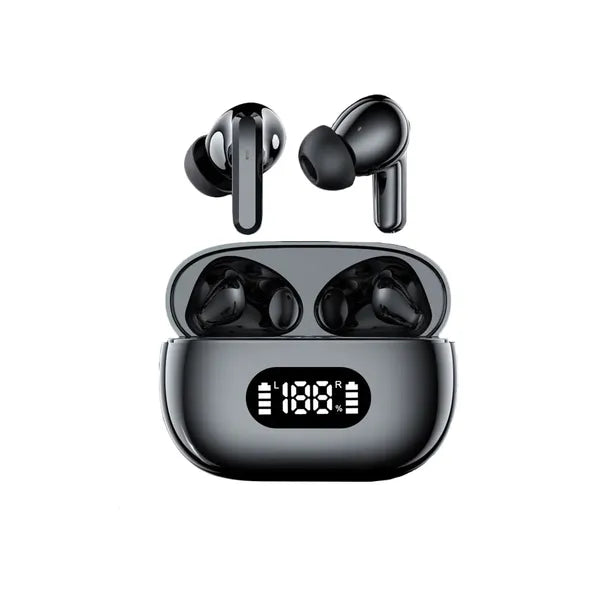Bluetooth 5.0 vezeték nélküli fülhallgató LED kijelzős tok, mikrofonnal, fekete