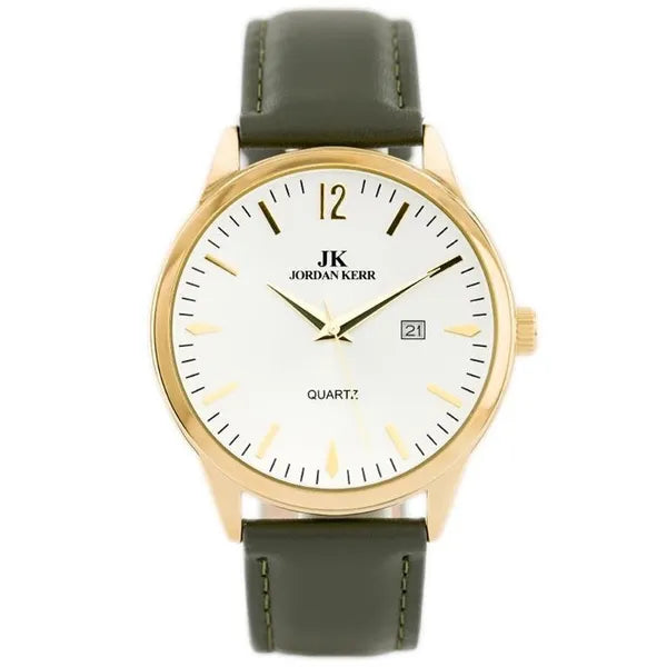 Férfi karóra 43 mm Jordan Kerr C2287, arany tok, szürke-olíva bőrszíj