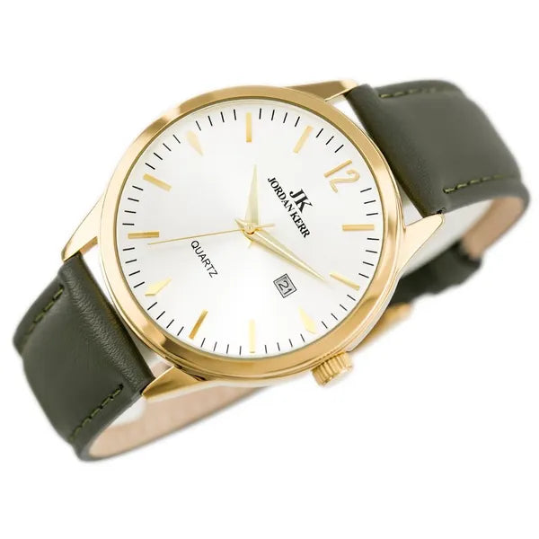 Férfi karóra 43 mm Jordan Kerr C2287, arany tok, szürke-olíva bőrszíj