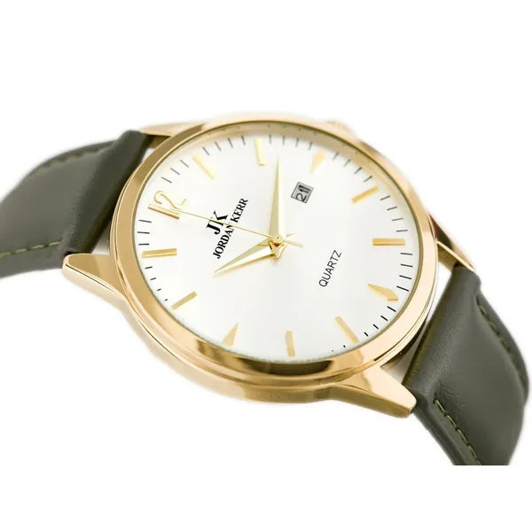 Férfi karóra 43 mm Jordan Kerr C2287, arany tok, szürke-olíva bőrszíj