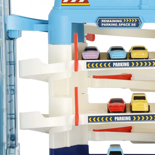 4 szintes játék parkolóház spirállifttel, fény-hang effektekkel, 6 autóval