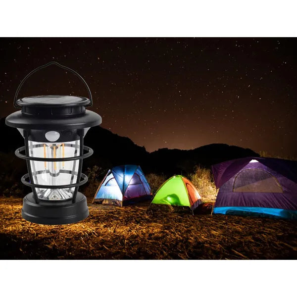 Napelemes LED kemping lámpa USB-töltéssel, mozgás- és alkonyérzékelő, IPX65