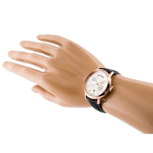 Férfi karóra 40 mm rosegold tok, ezüst számlap, fekete bőr szíj, dátum