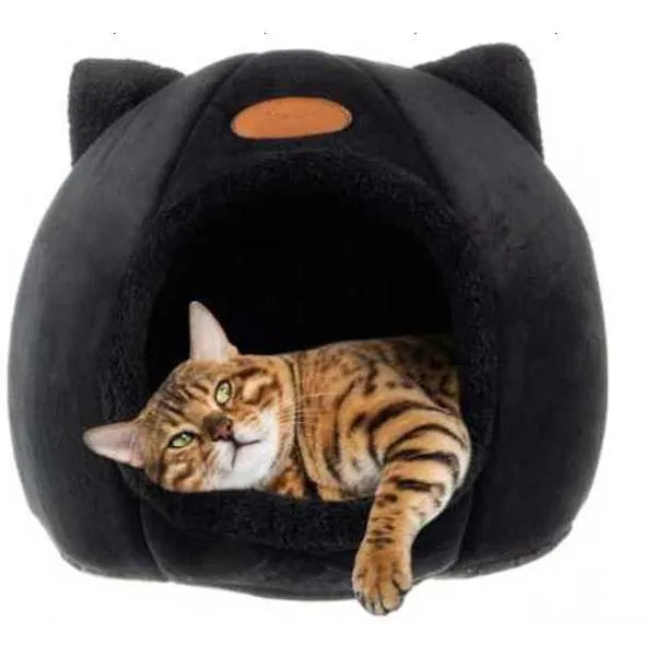 Plüss kutya- és macska kennelház, fekete, 32×30 cm, levehető párnával