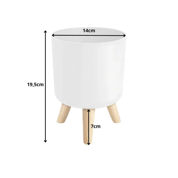 Fehér műanyag virágcserép fa lábakkal, 14 cm átmérő, 19,5 cm magas