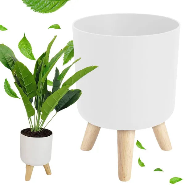 Fehér műanyag virágcserép fa lábakon, 20,5 cm Ø, 28 cm magas