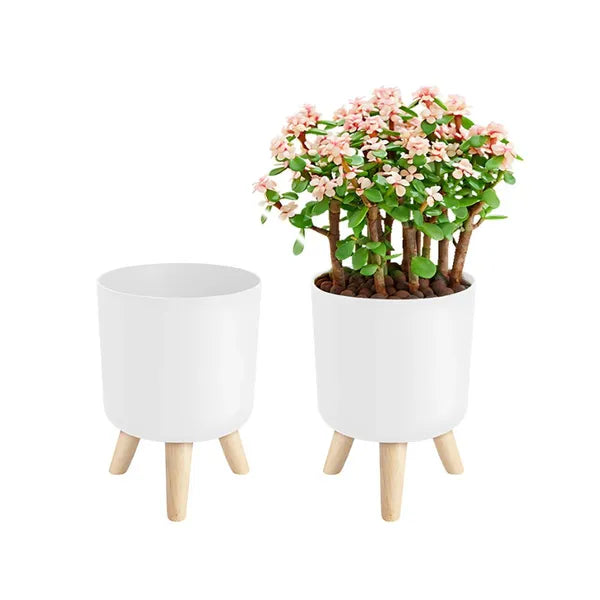 Fehér műanyag virágcserép fa lábakon, 20,5 cm Ø, 28 cm magas