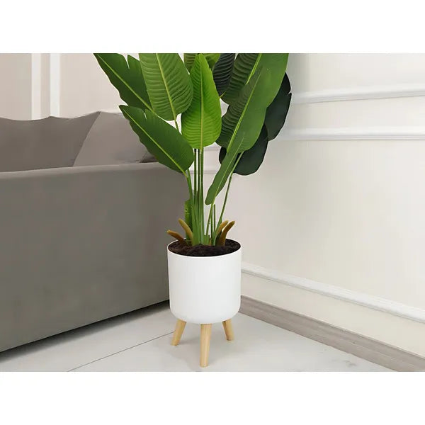 Fehér műanyag virágcserép fa lábakon, 20,5 cm Ø, 28 cm magas