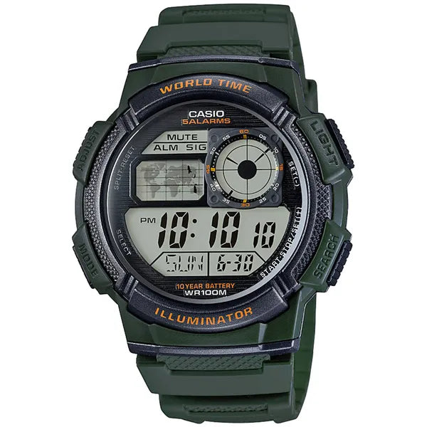 Casio AE-1000W-3AV férfi digitális karóra, zöld, WR100, world time