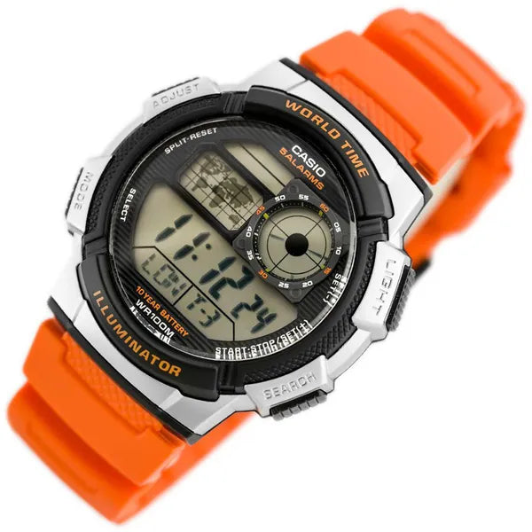 Casio AE-1000W-4BV férfi digitális karóra, WR100, world time, narancs