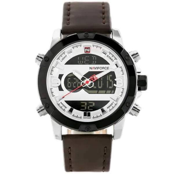 Naviforce NF9097 férfi karóra, barna bőrszíj, ezüst tok, WR30