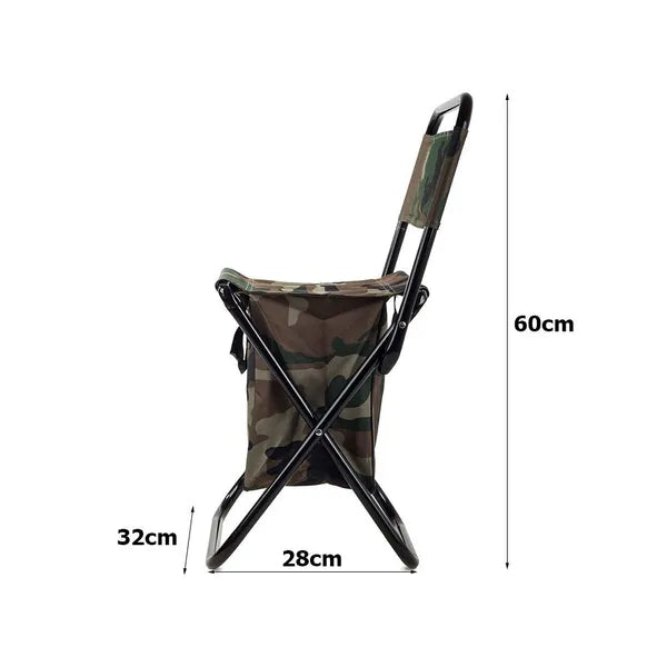 Összecsukható horgász- és túraszék háttámlával, cipzáras táskával, camo