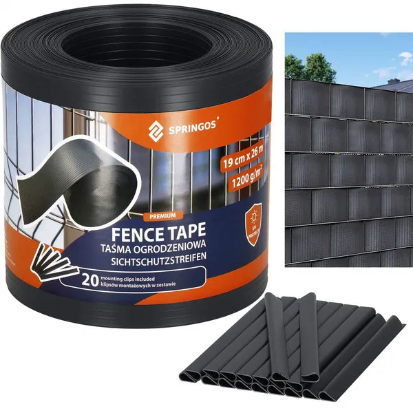 Grafitszürke PVC kerítéstakaró szalag 19×35 m 1200 g/m² 20 klipsszel