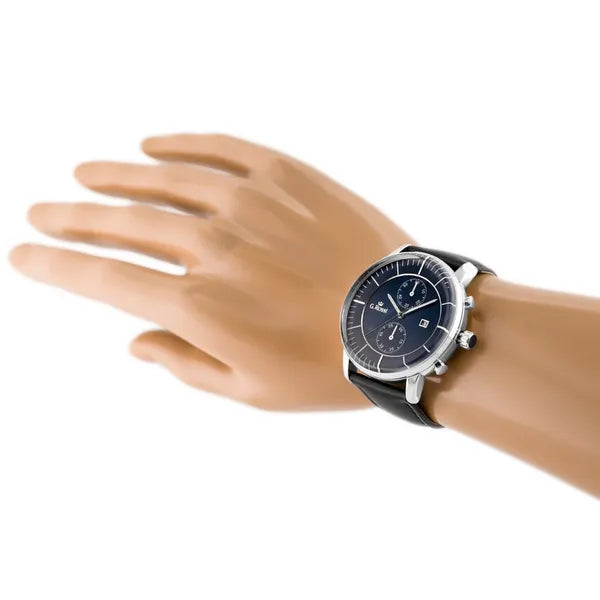 G. Rossi férfi karóra ezüst tok, kék számlap, fekete bőrszíj 46 mm