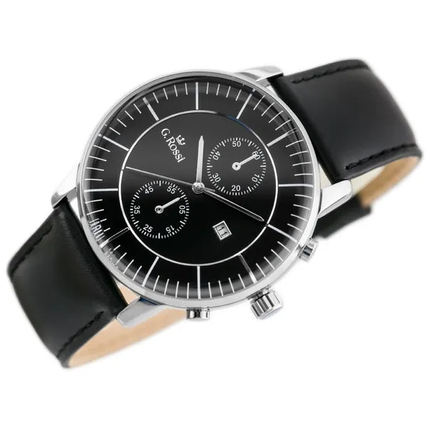 G. Rossi férfi karóra, Miyota kvarc, fekete bőr szíj, 46 mm