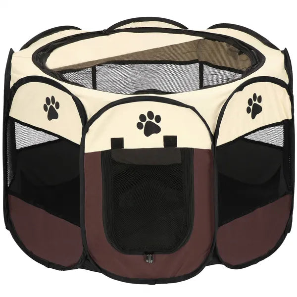 Összecsukható poliészter állatkennel, 81×81×60 cm, bézs-fekete-barna