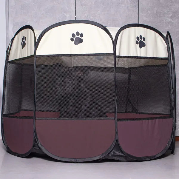Összecsukható poliészter állatkennel, 81×81×60 cm, bézs-fekete-barna